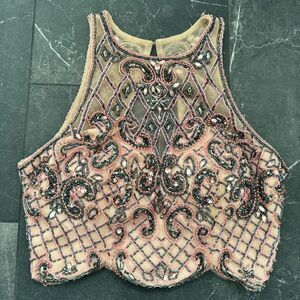 Sherri Hill Cropped Halter Top Embroidered Beaded Pink Grey Prom Bollywood Sz 8